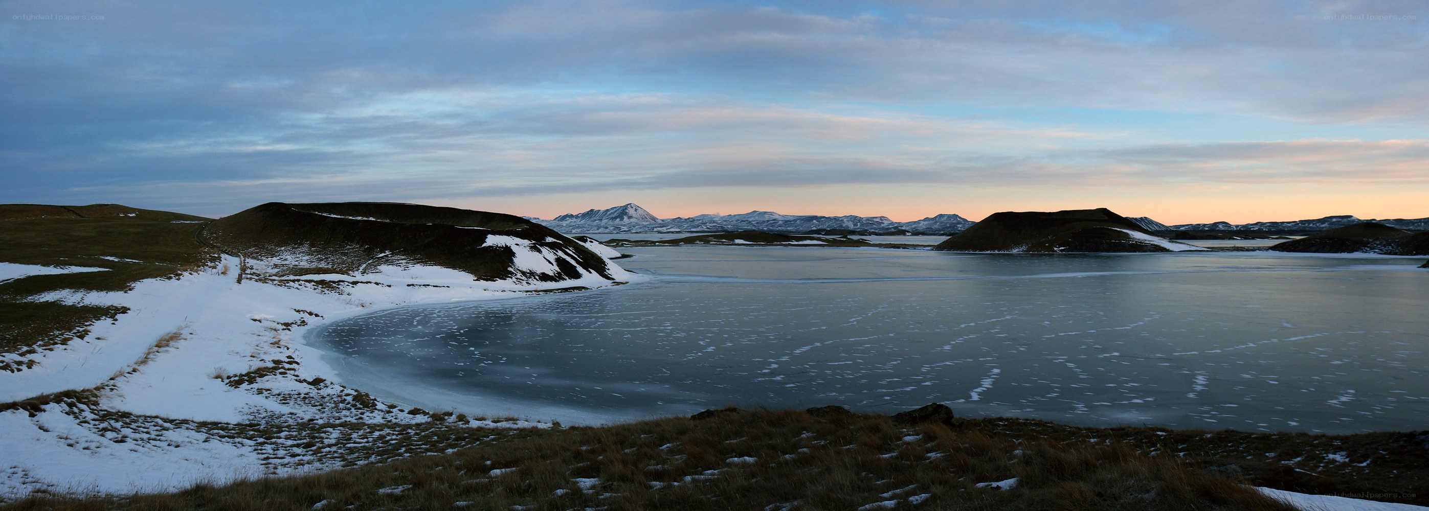 Frozen lake at dusk