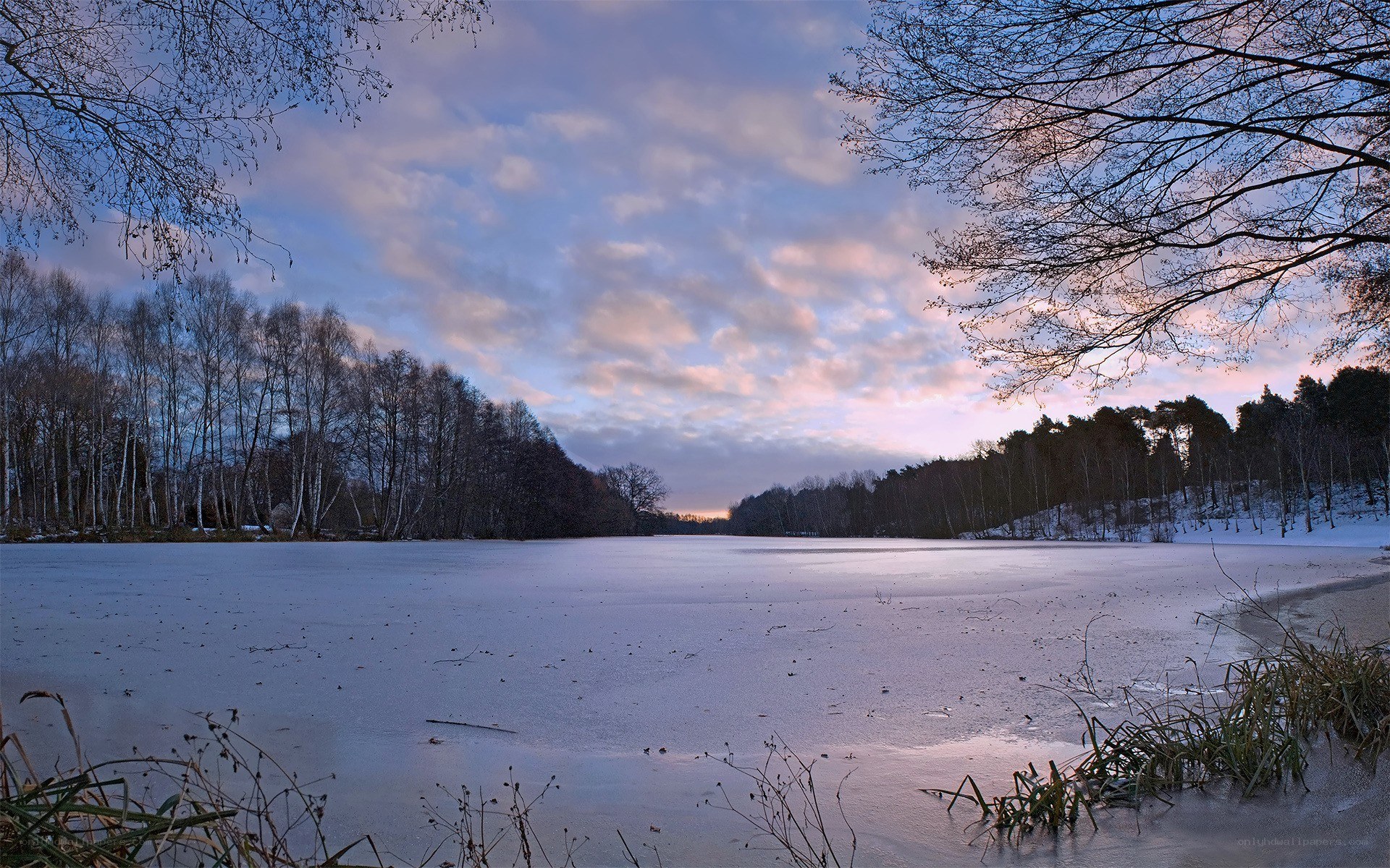 Frozen lake at dusk