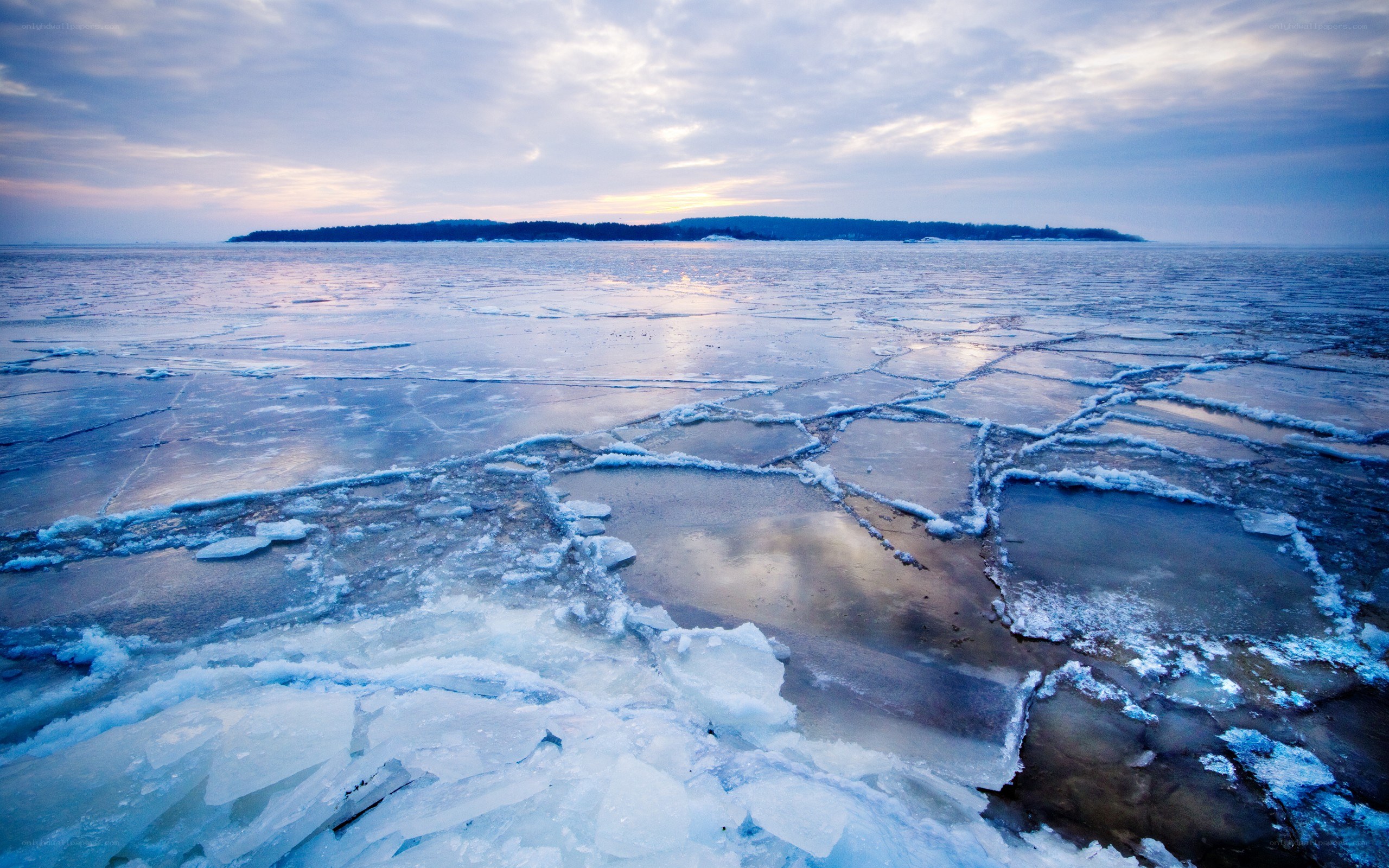 Frozen lake at dusk