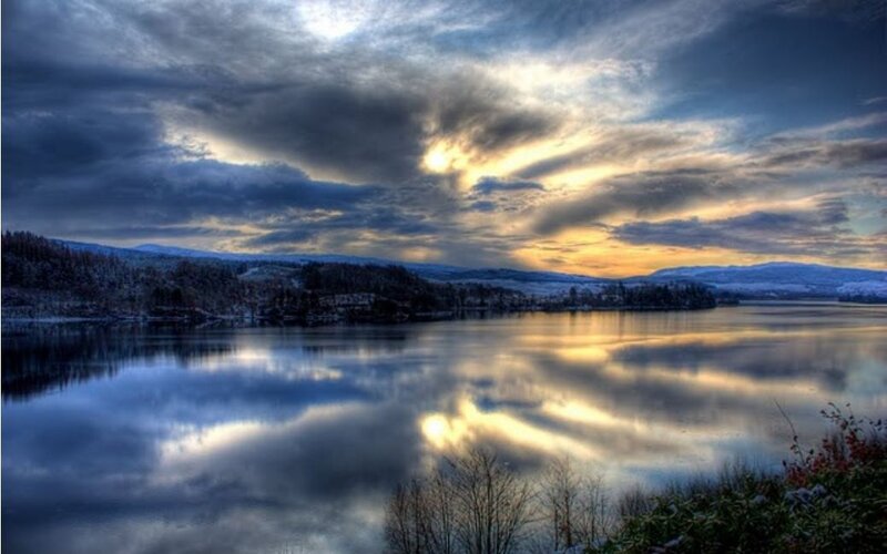 Frozen Lake at Dusk — Blue, Dramatic, Winter, Photograph, Mountains