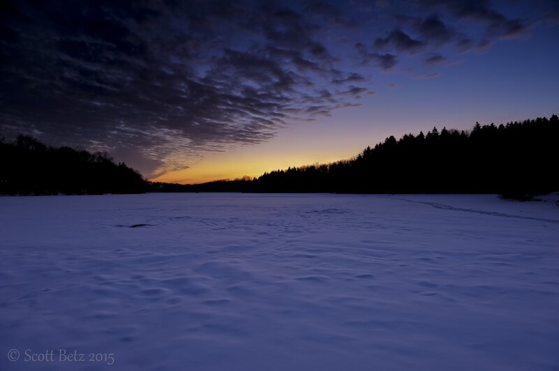 Frozen Lake at Dusk — Blue, Serene, Sunset, Photograph, Snow