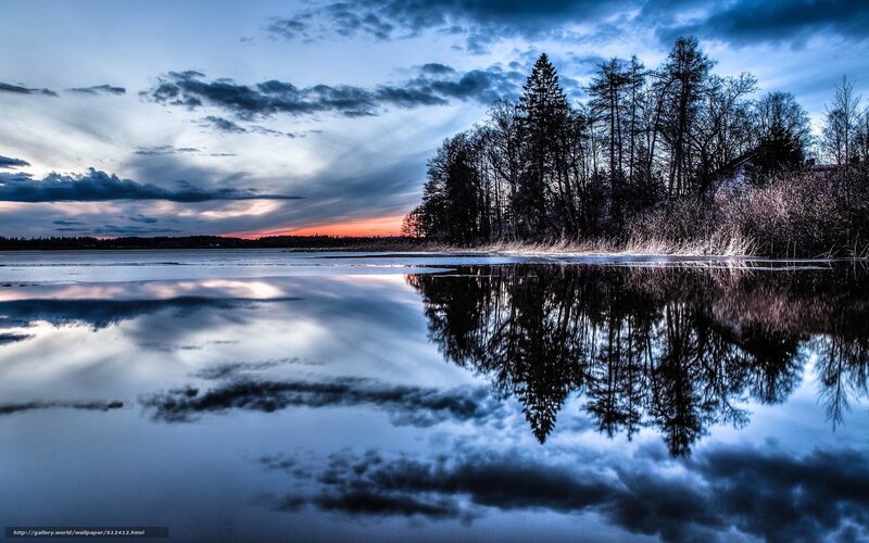 Frozen Lake at Dusk — Blue, Serene, Sunset, Photograph, Trees, Sky