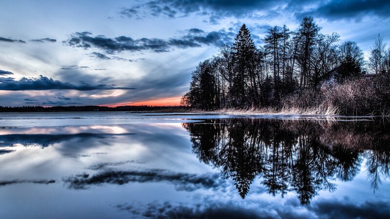 Frozen Lake at Dusk — Blue, Serene, Sunset
