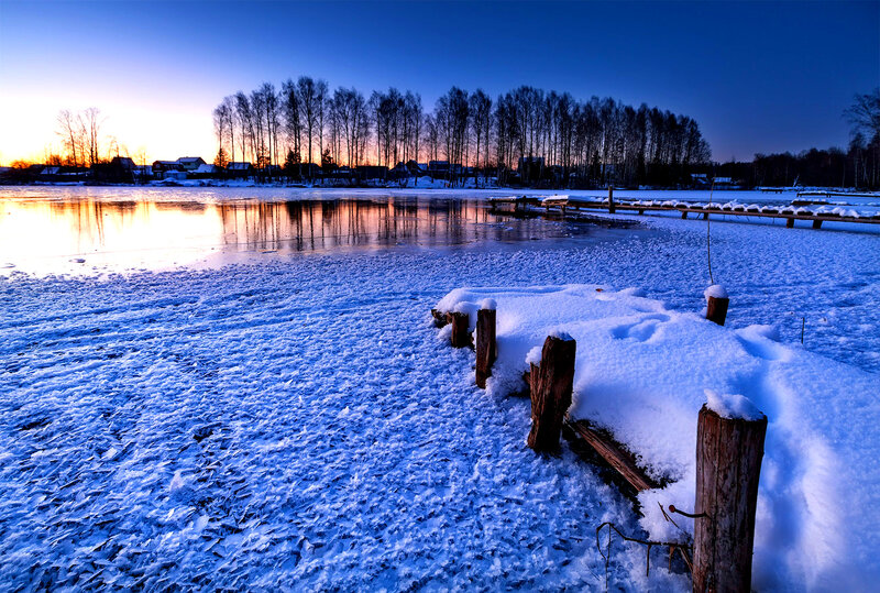 Frozen Lake at Dusk — Blue, Serene, Winter, Photograph, Snow