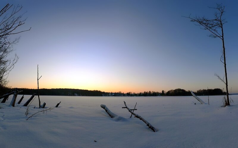 Frozen Lake at Dusk — Blue, Serene, Winter, Photograph, Snow, Trees