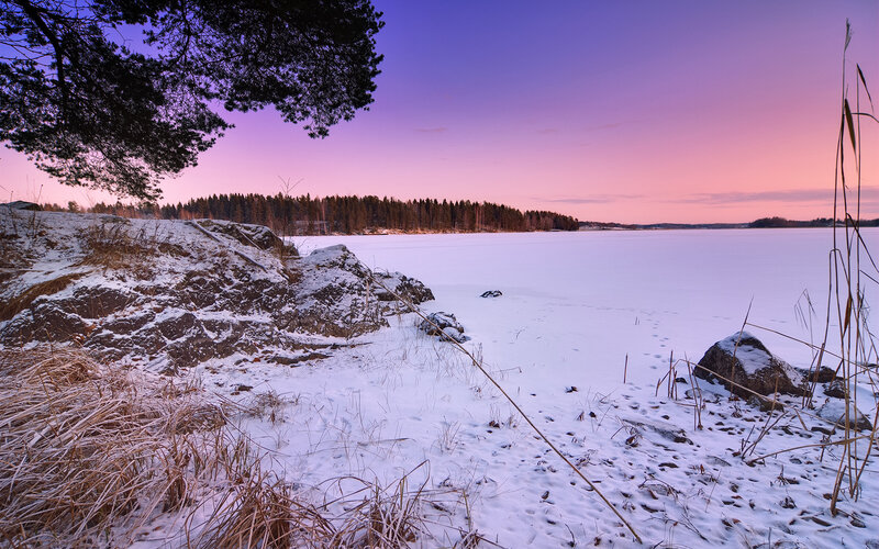 Frozen Lake at Dusk — Purple, Serene, Winter, Photograph, Snow