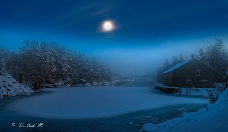 Frozen Lake at Night — Blue, Serene, Photograph, Moon, House