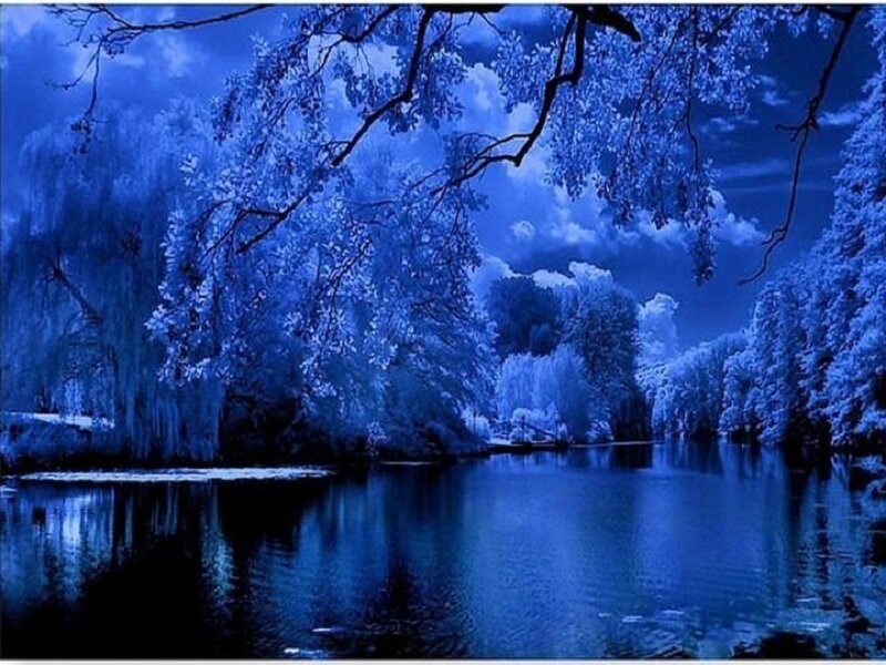 Frozen Lake at Night — Blue, Serene, Photograph