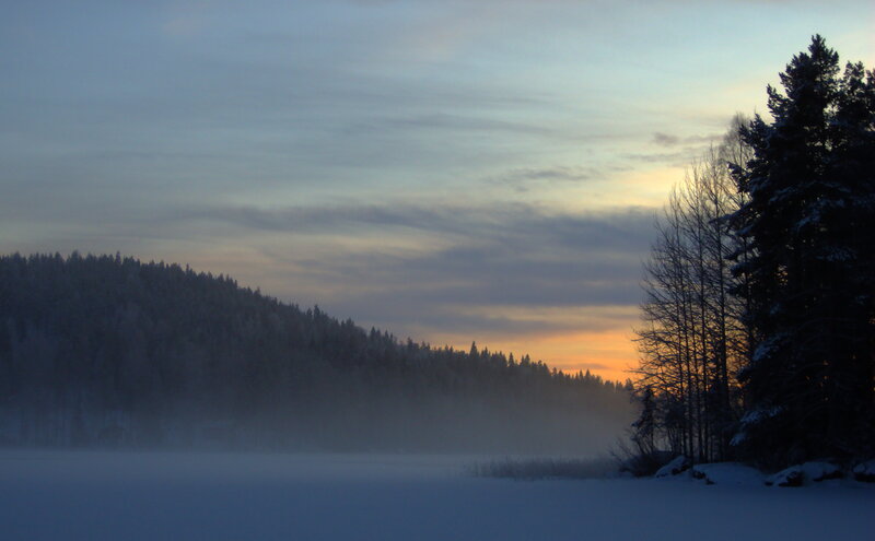 Frozen Lake at Sunrise — Blue, Serene, Winter, Photograph, Forest