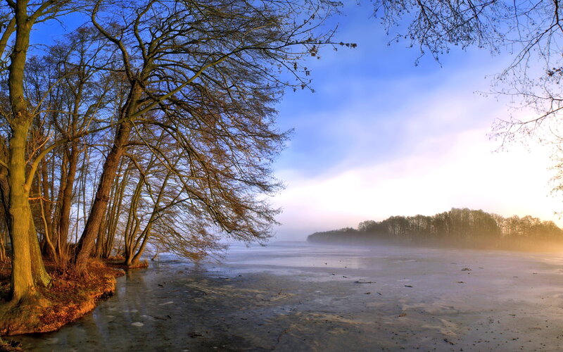 Frozen Lake at Sunrise — Blue, Serene, Winter