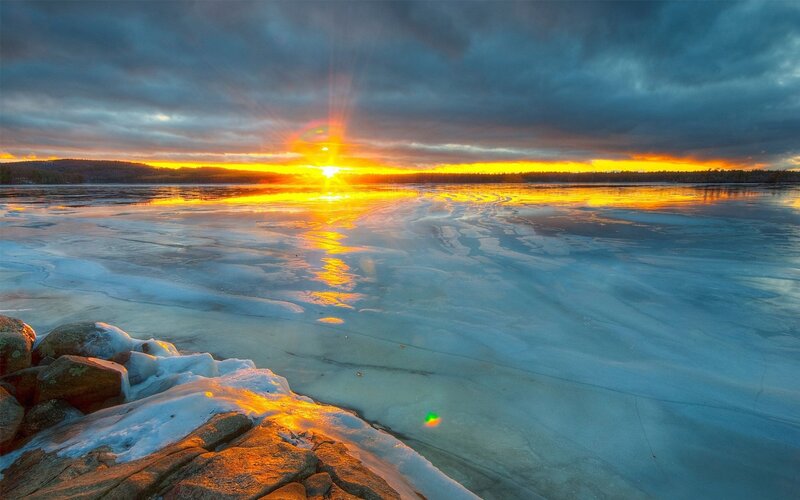 Frozen Lake at Sunrise — Orange, Dramatic