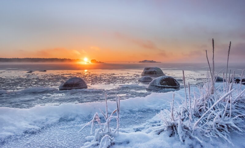 Frozen Lake at Sunrise — Orange, Serene, Winter, Photograph, Ice