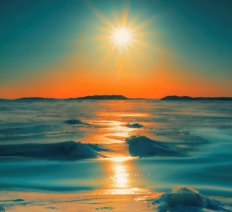 Frozen Lake at Sunrise — Orange, Serene, Winter, Photograph