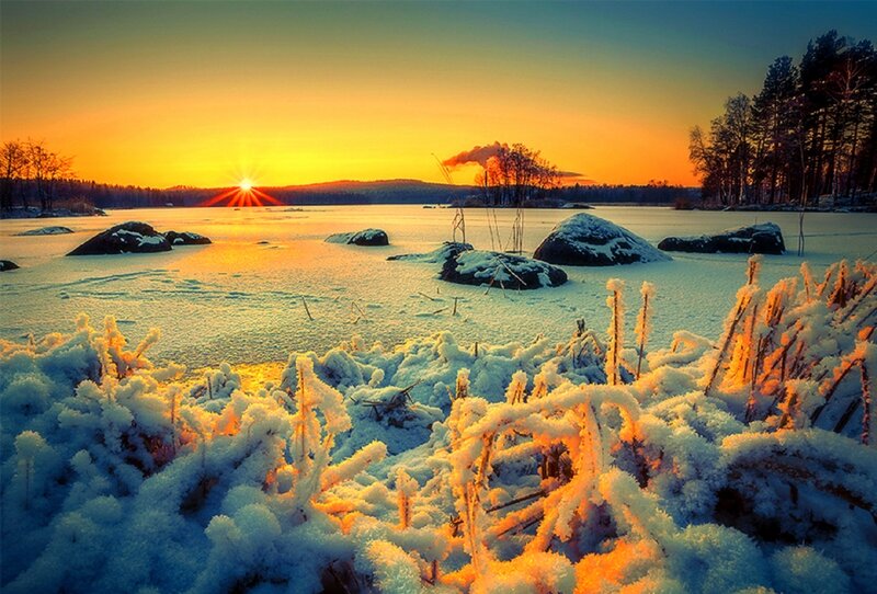 Frozen Lake at Sunrise — Orange, Serene, Winter