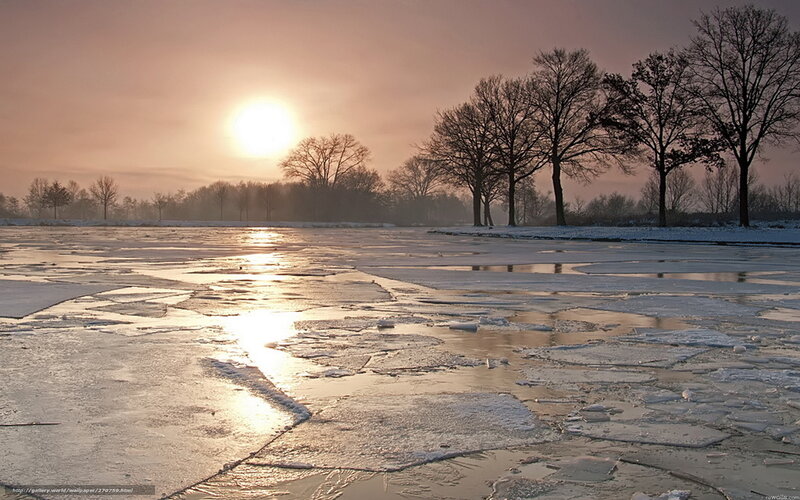 Frozen lake at sunrise