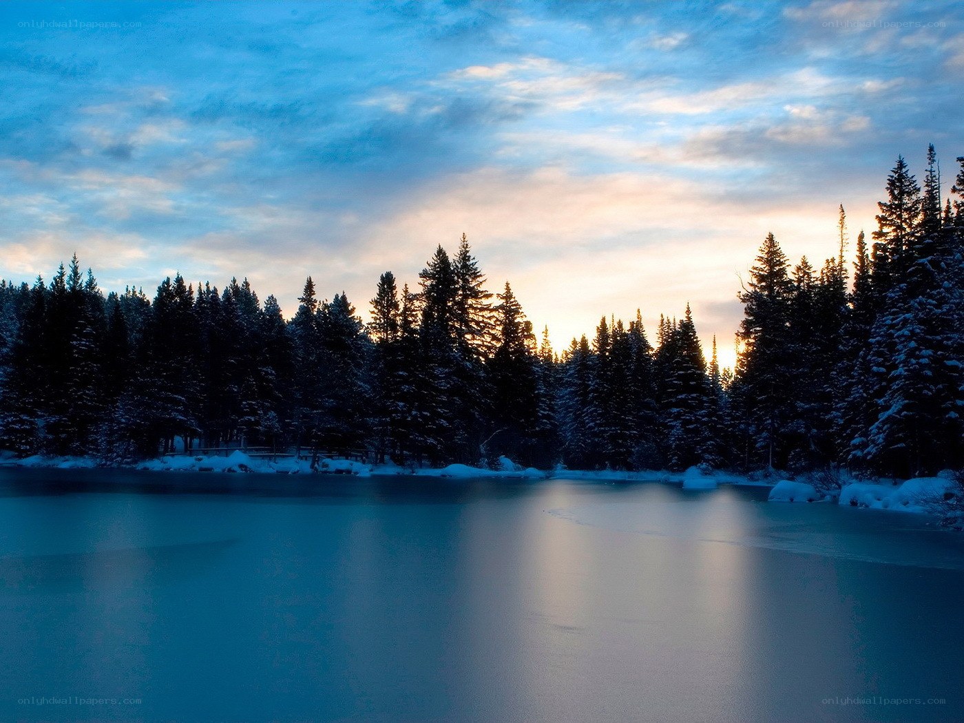 Frozen lake at sunset