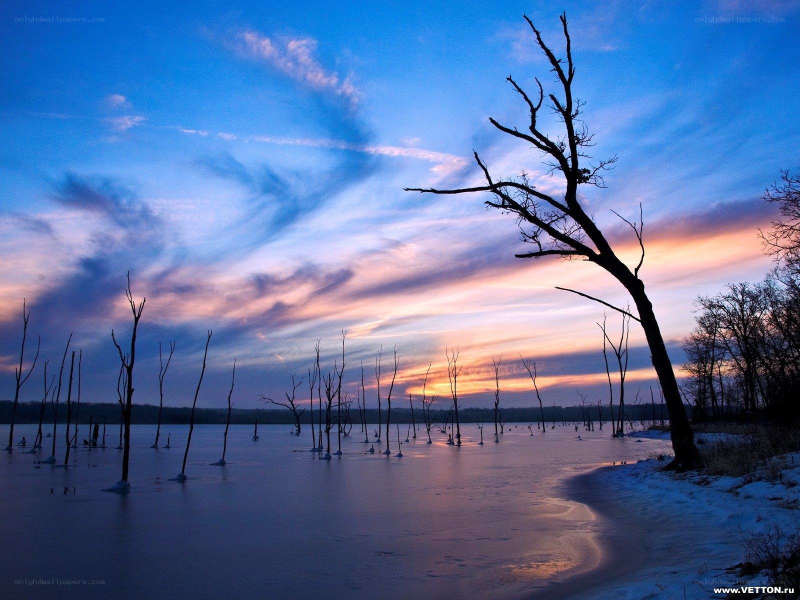 Frozen lake at sunset
