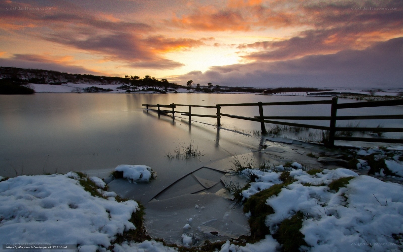 Frozen lake at sunset