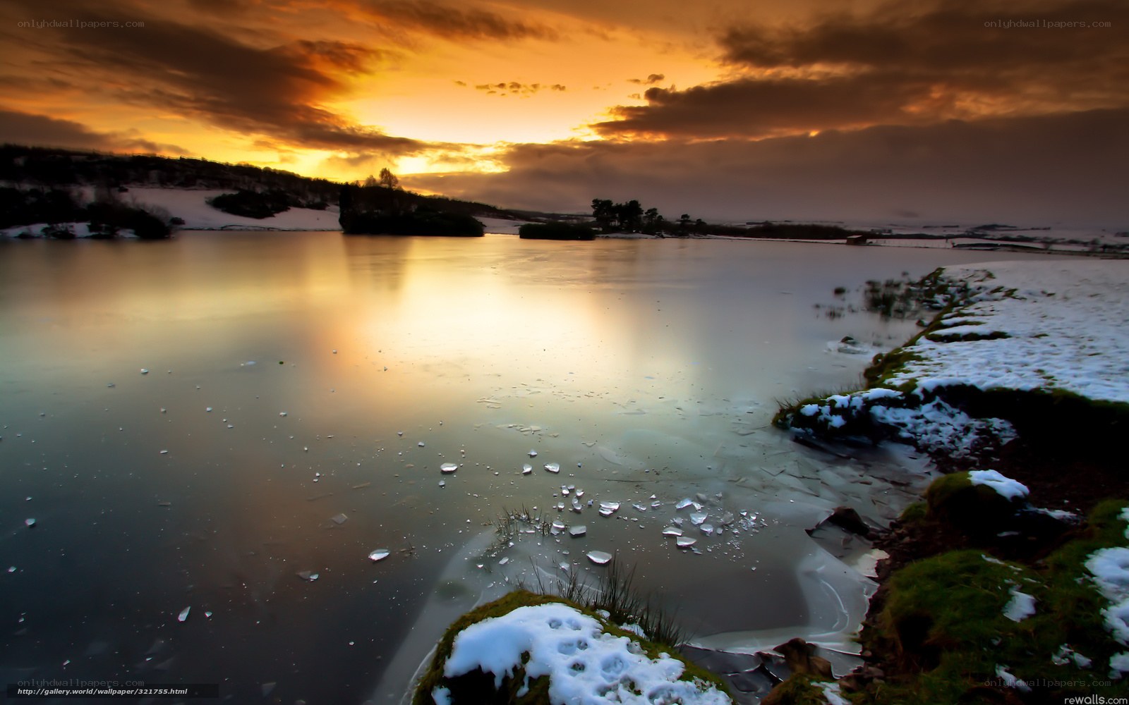 Frozen lake at sunset