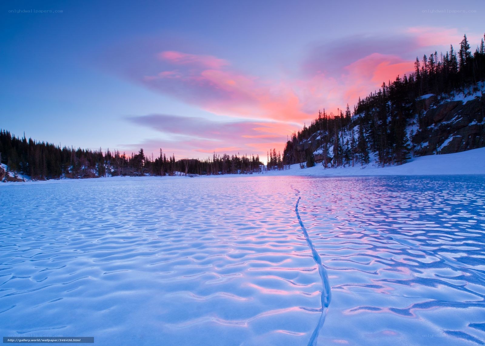 Frozen lake at sunset