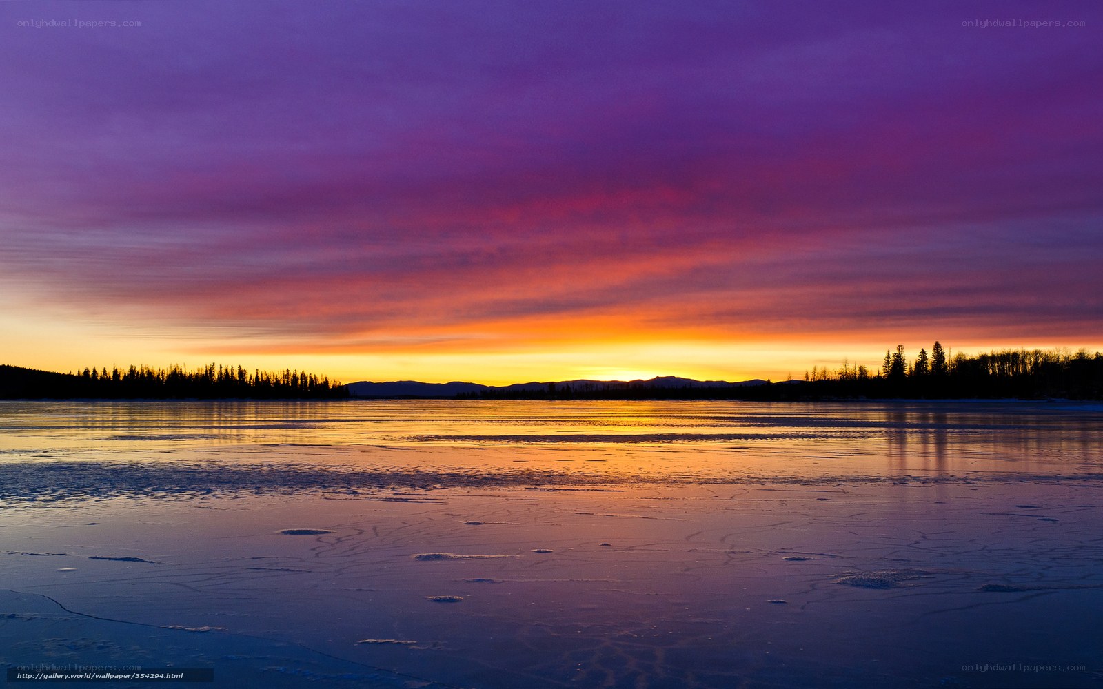 Frozen lake at sunset