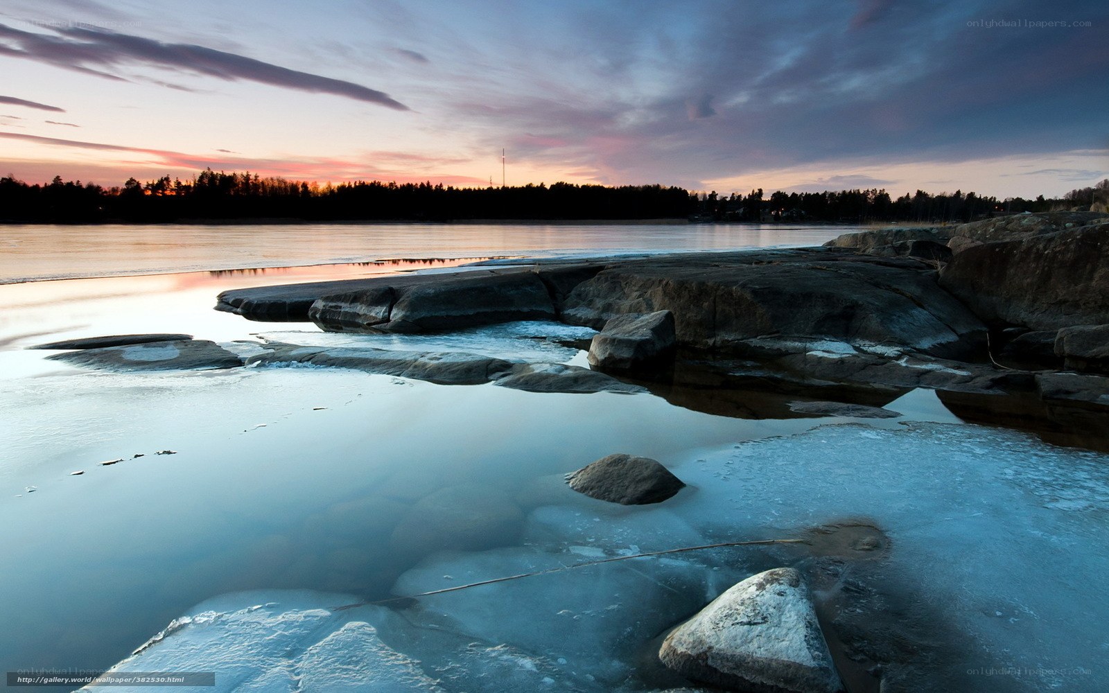 Frozen lake at sunset