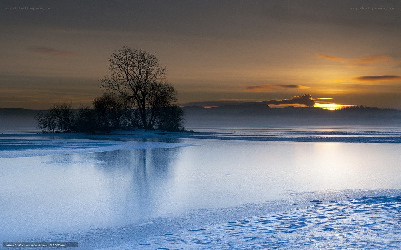 Frozen lake at sunset