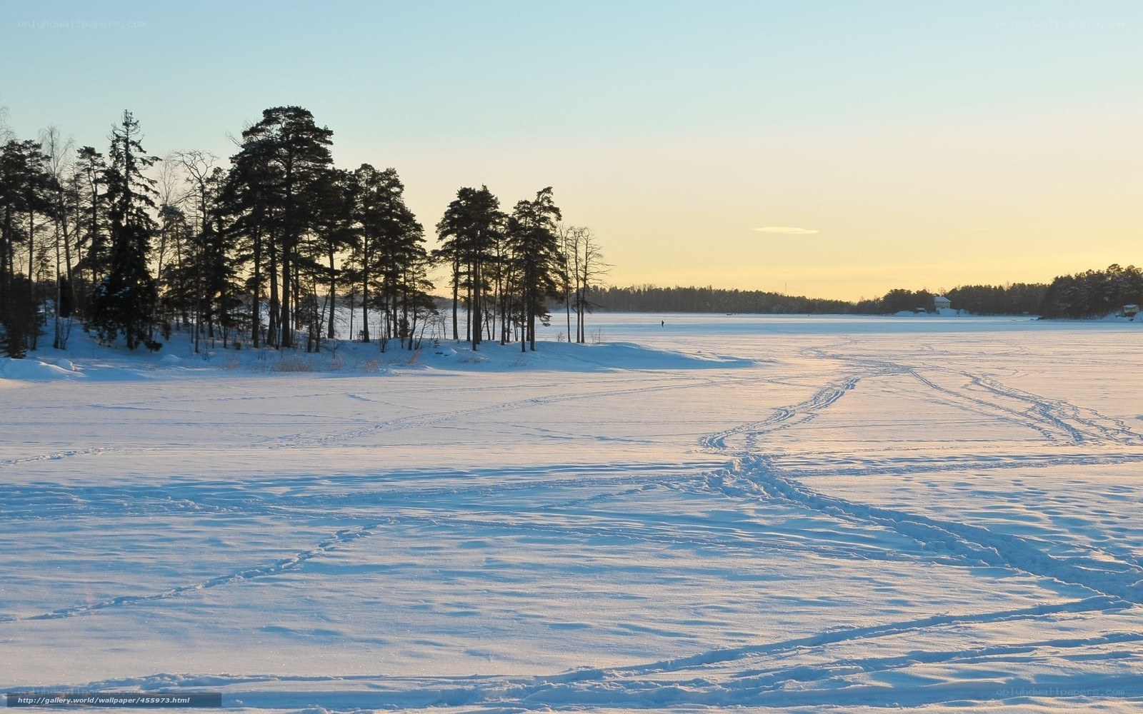 Frozen lake at sunset