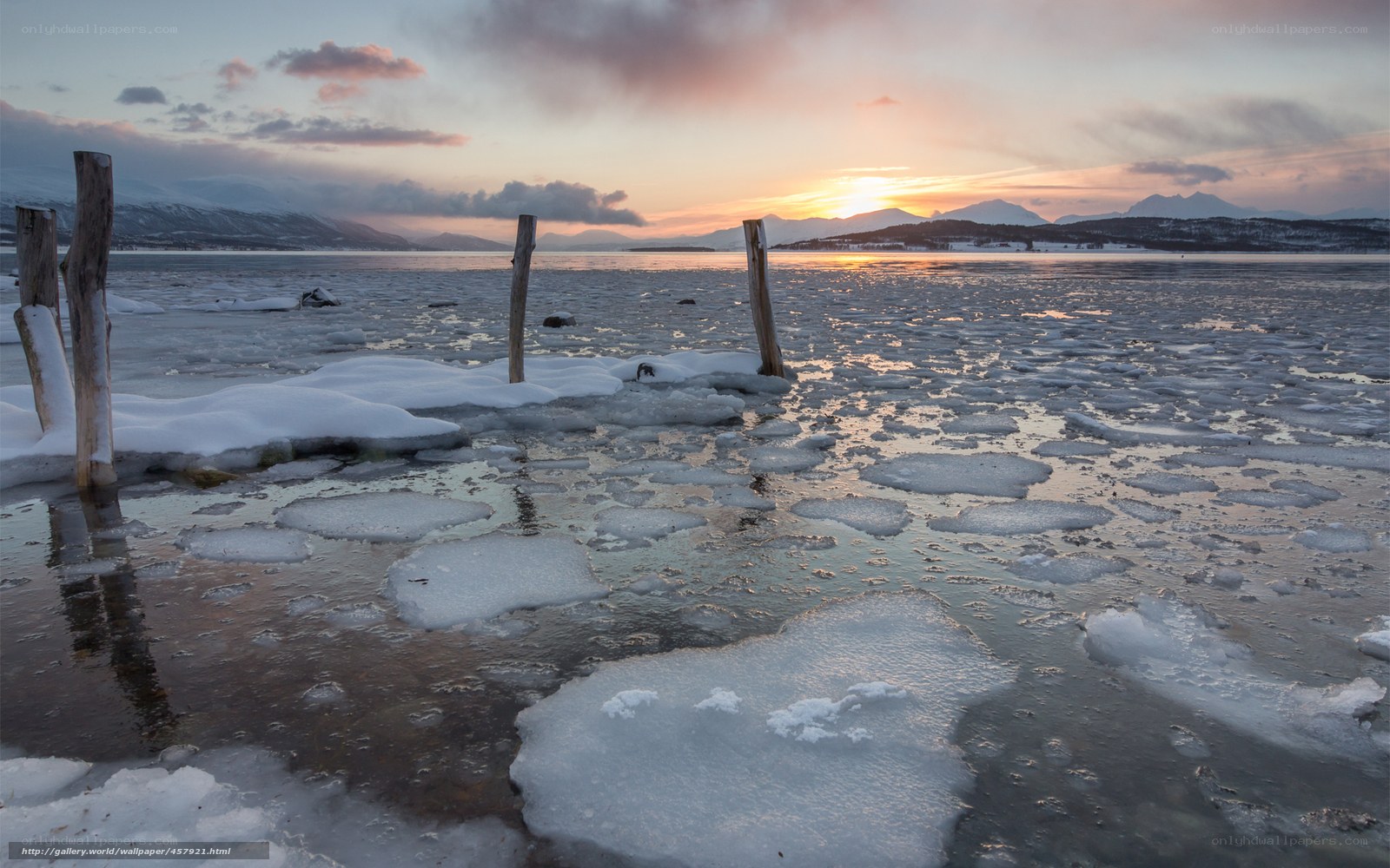 Frozen lake at sunset