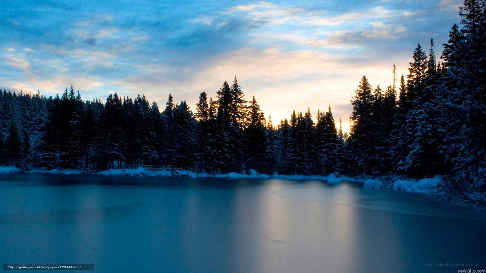 Frozen lake at sunset