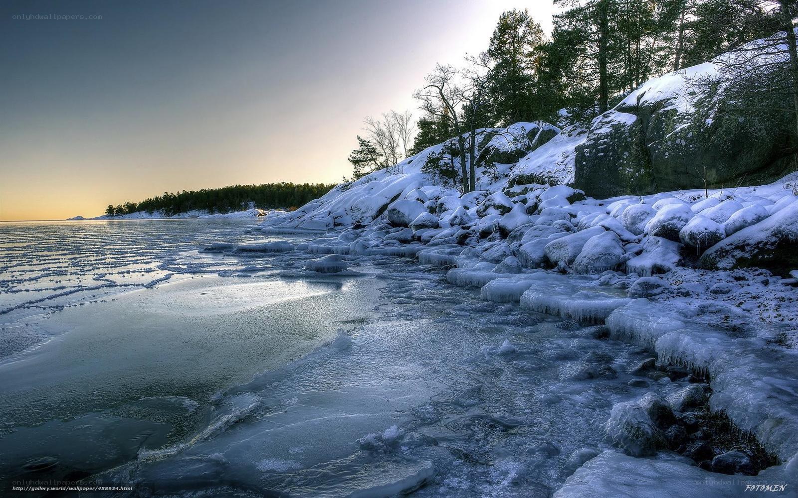 Frozen lake at sunset