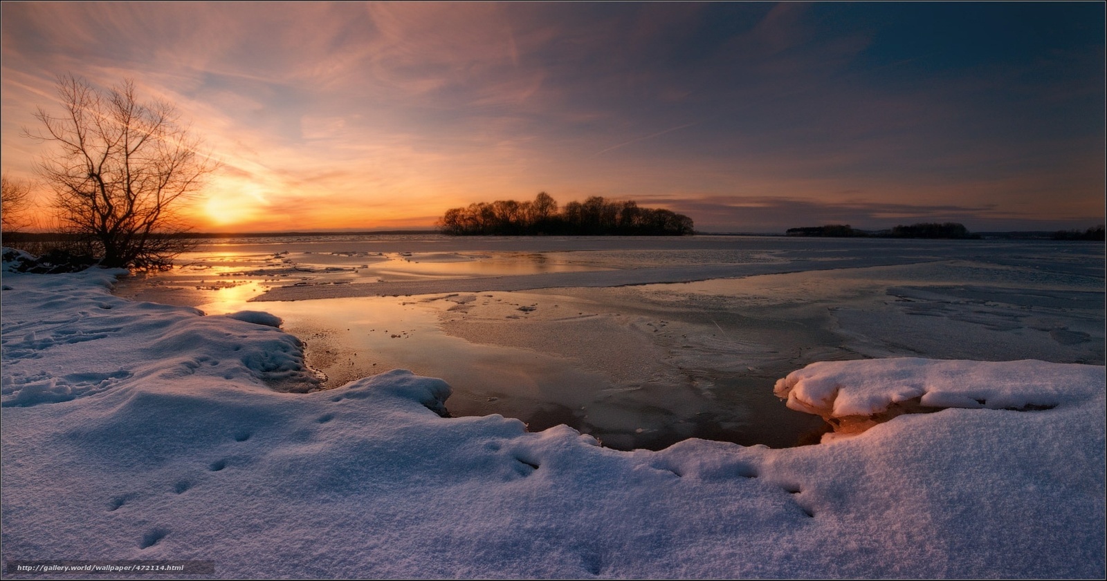 Frozen lake at sunset