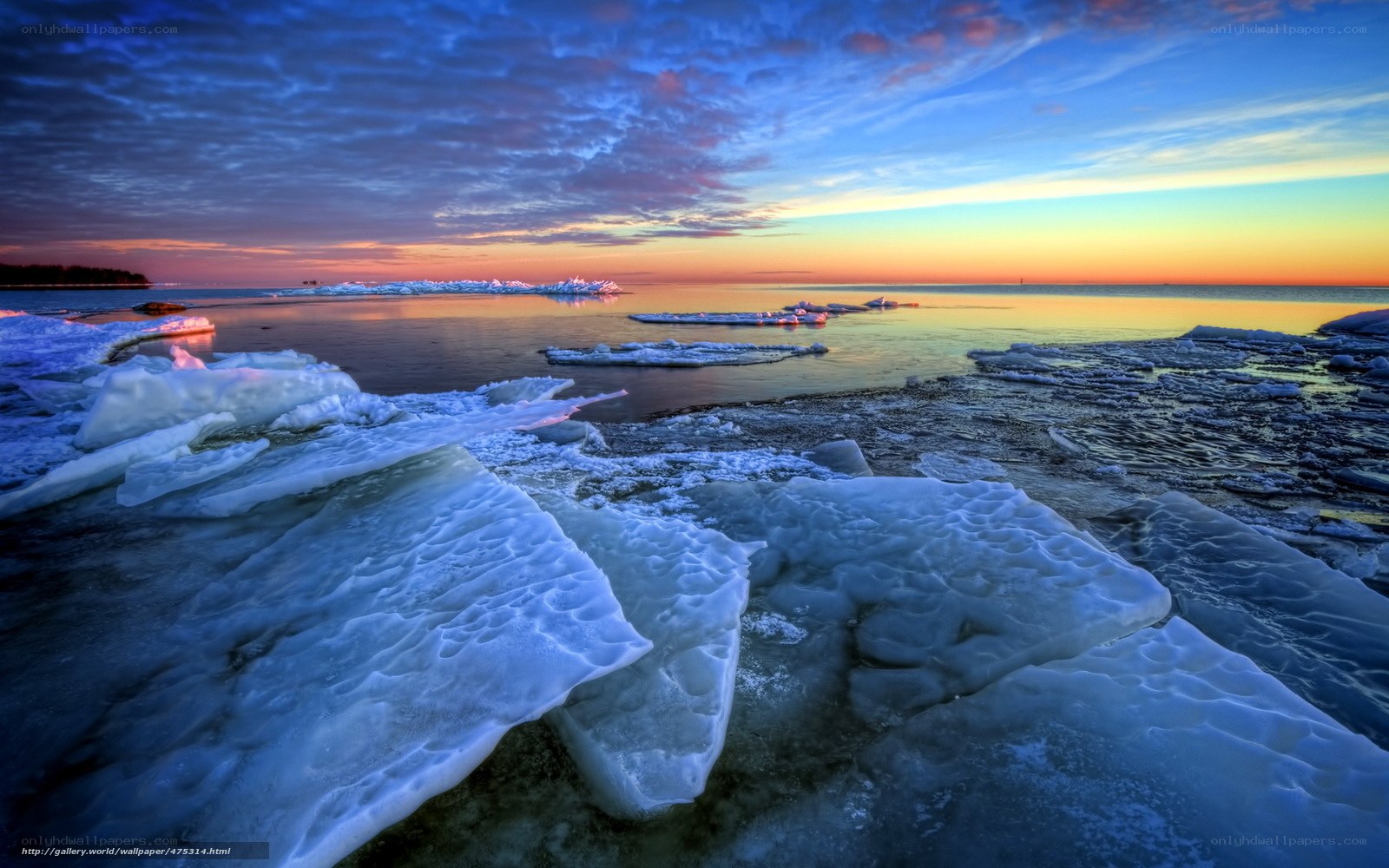 Frozen lake at sunset