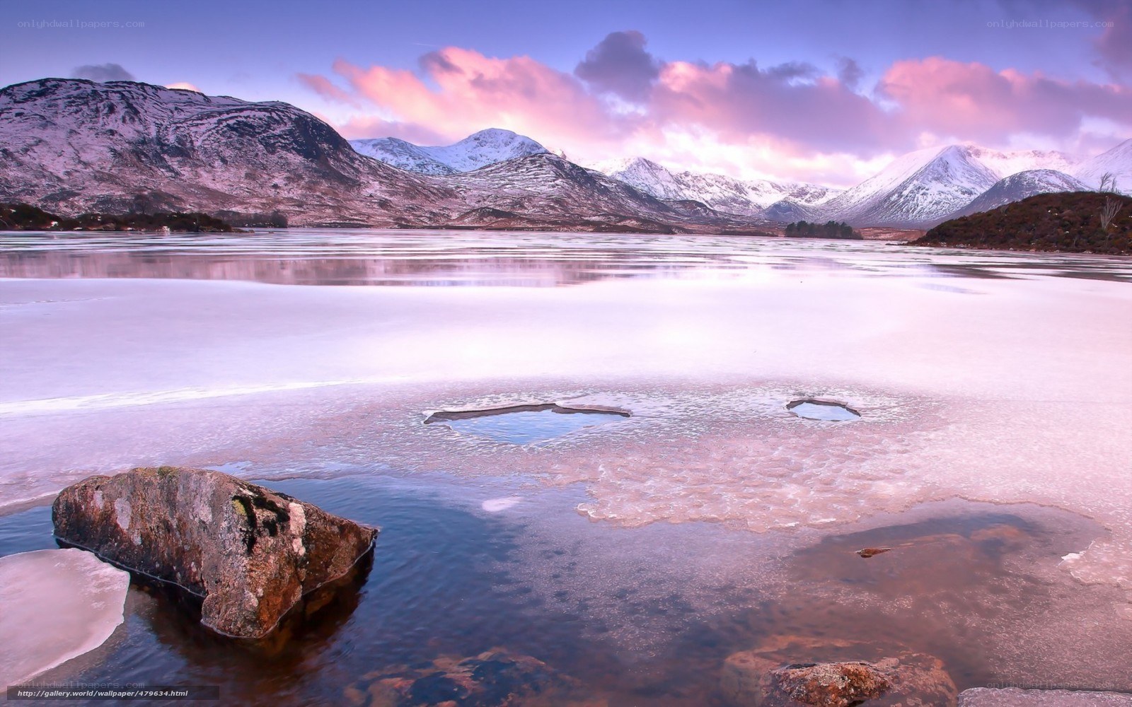 Frozen lake at sunset
