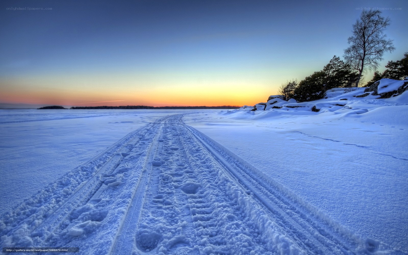 Frozen lake at sunset