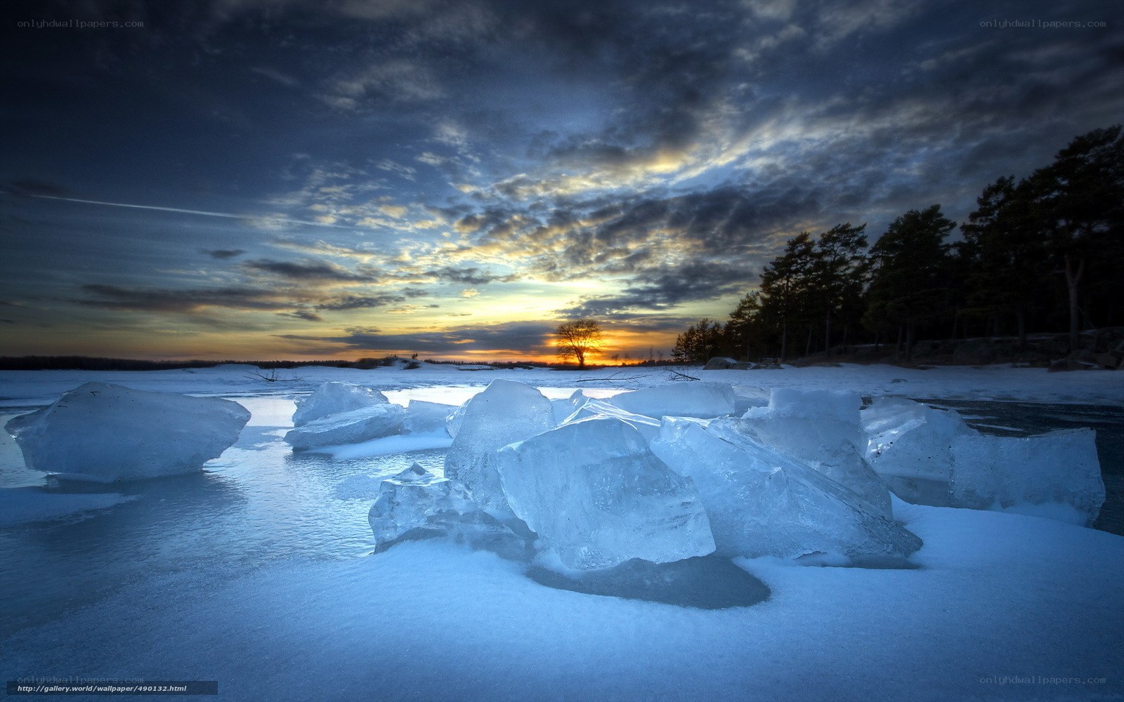 Frozen lake at sunset