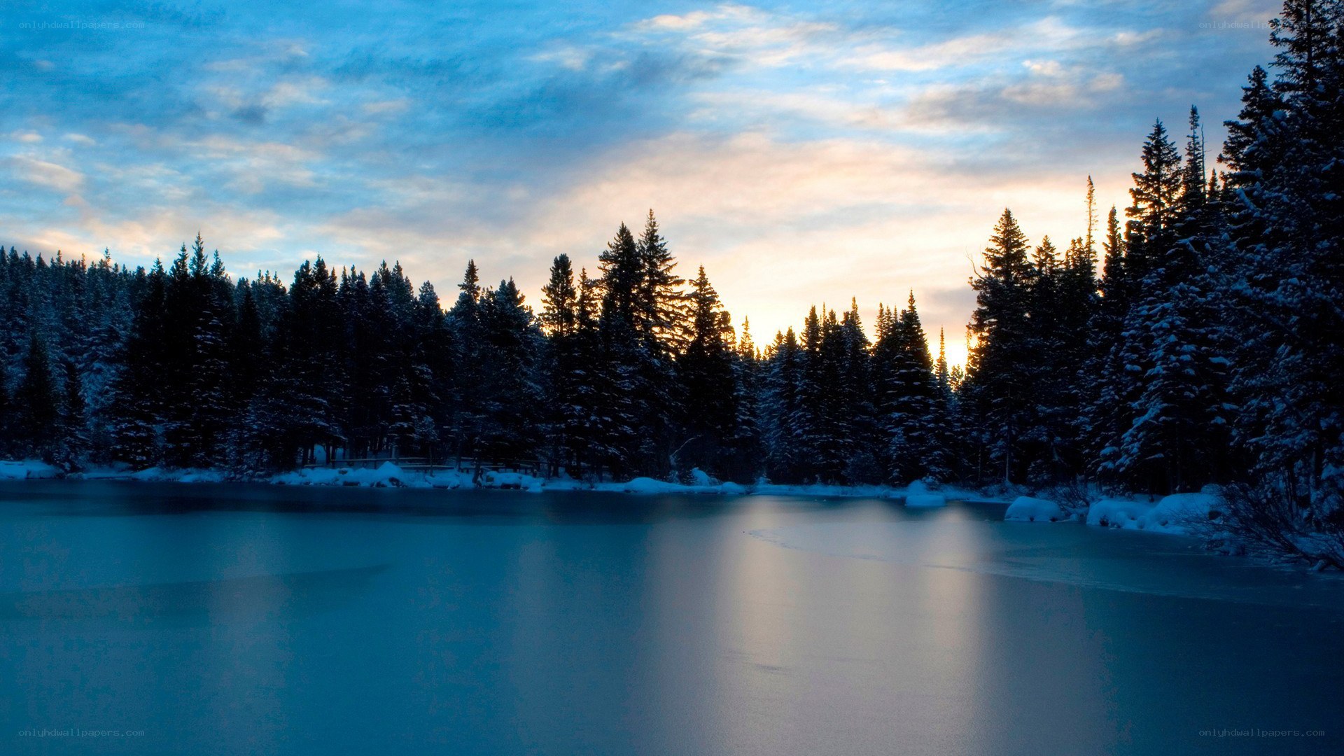 frozen lake at sunset