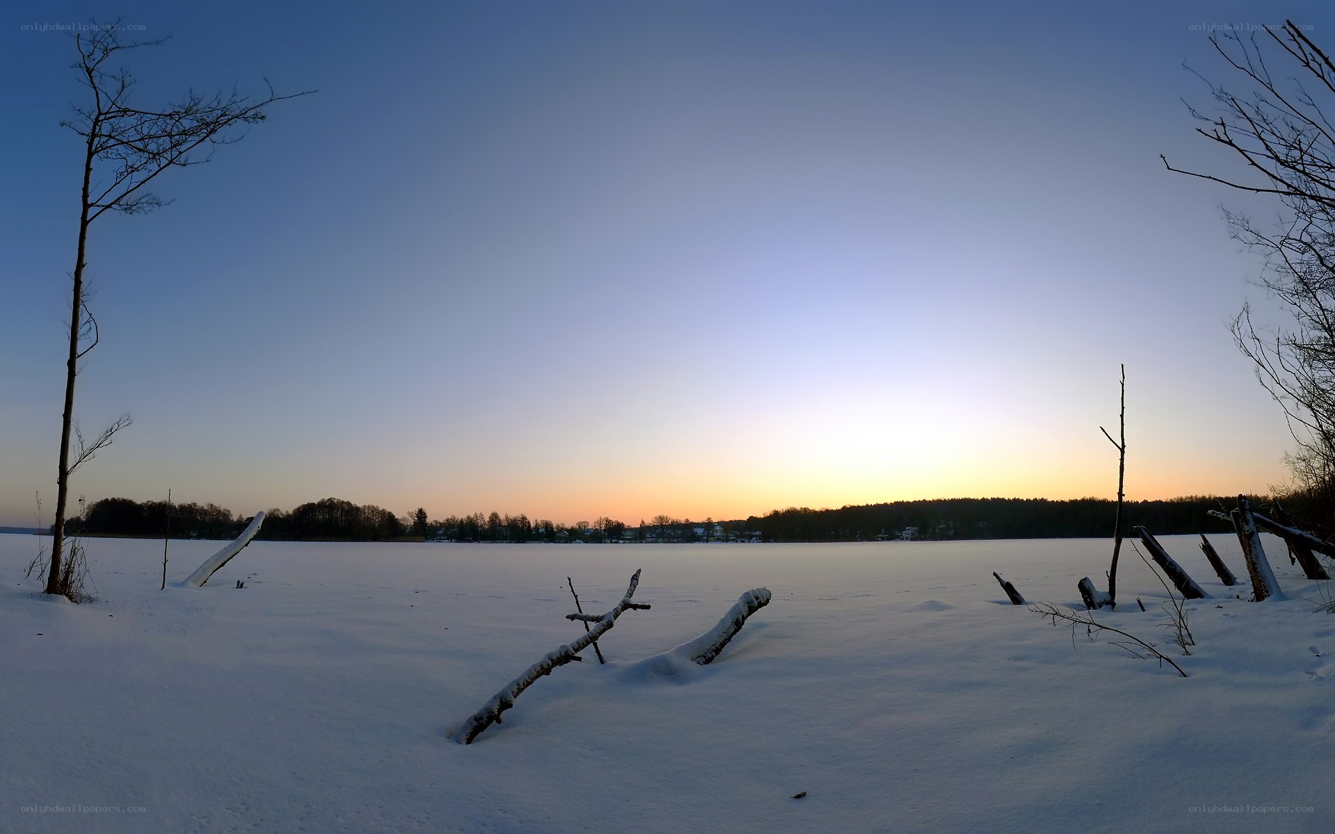 Frozen lake at sunset