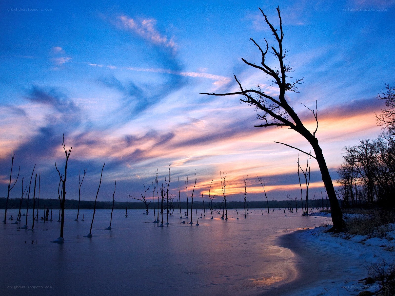 Frozen lake at sunset