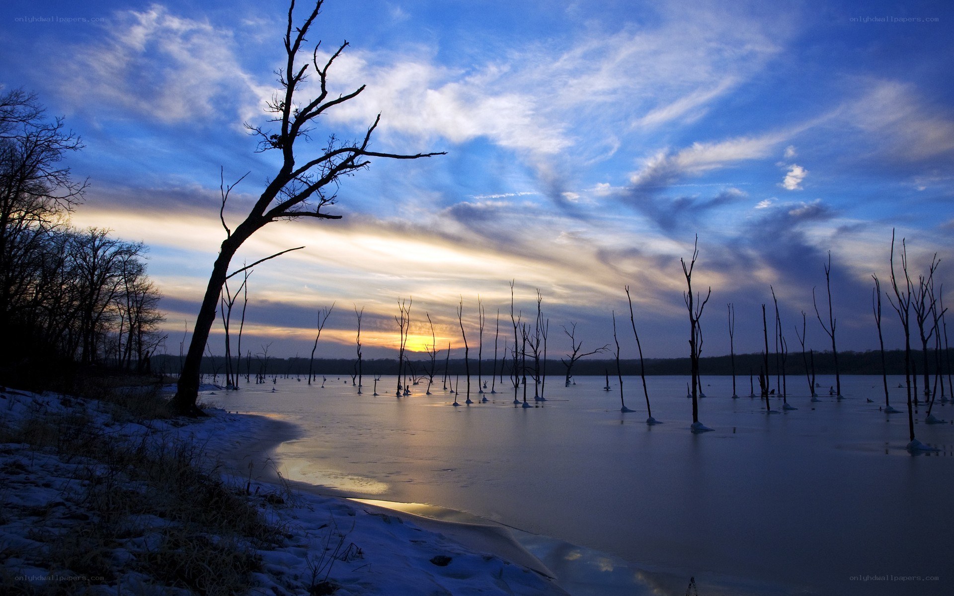 Frozen lake at sunset