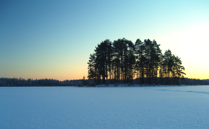 Frozen lake at sunset