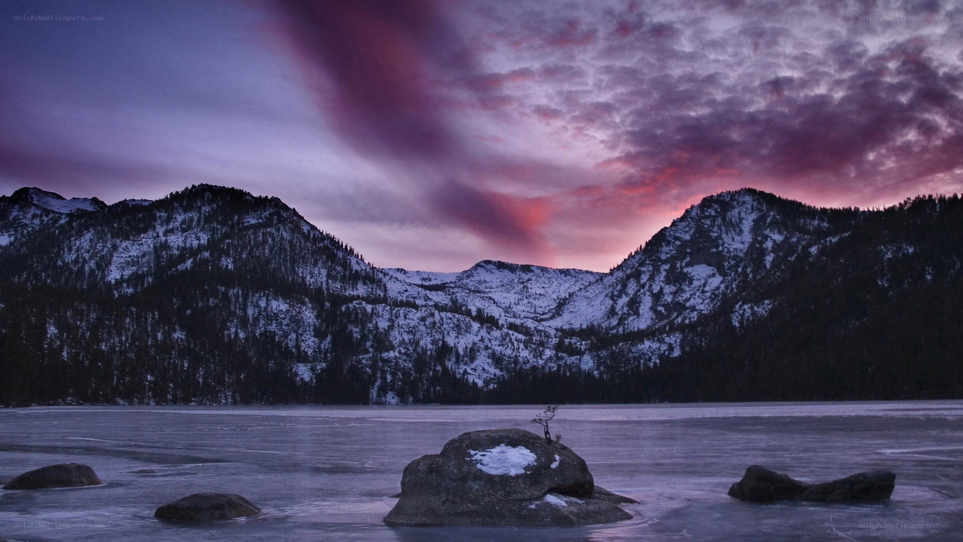 frozen lake at sunset