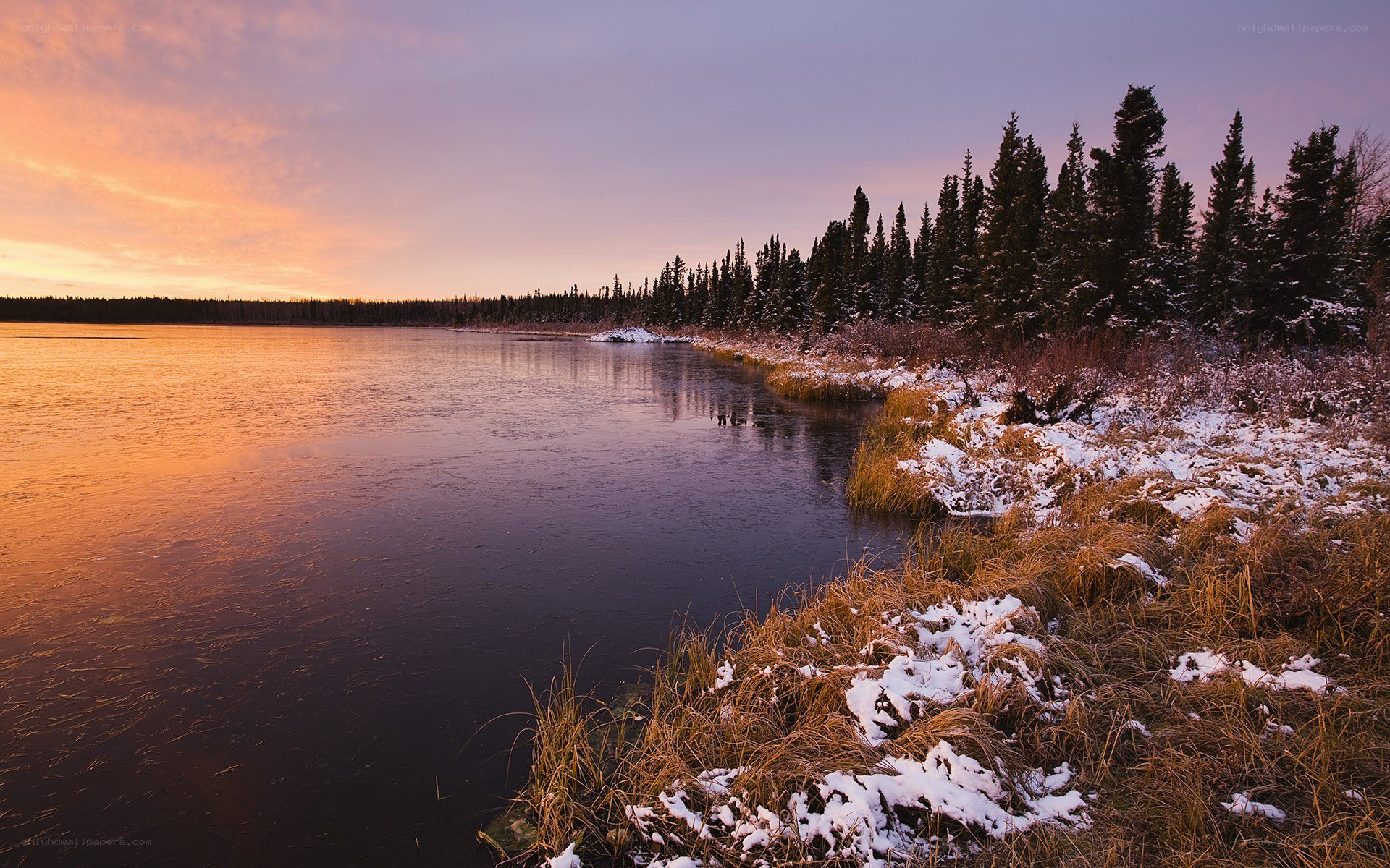 frozen lake at sunset