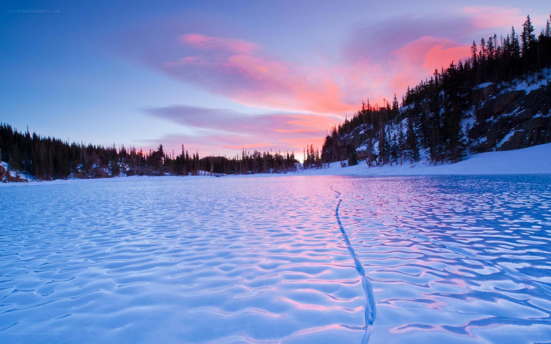 Frozen lake at sunset