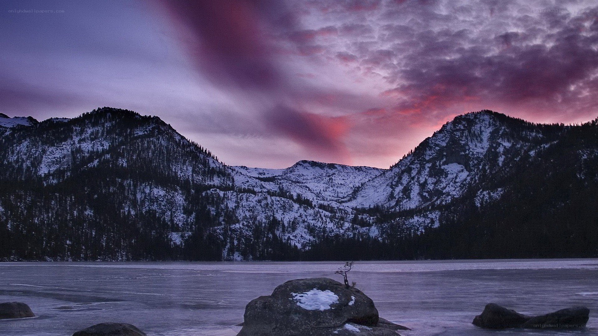frozen lake at sunset