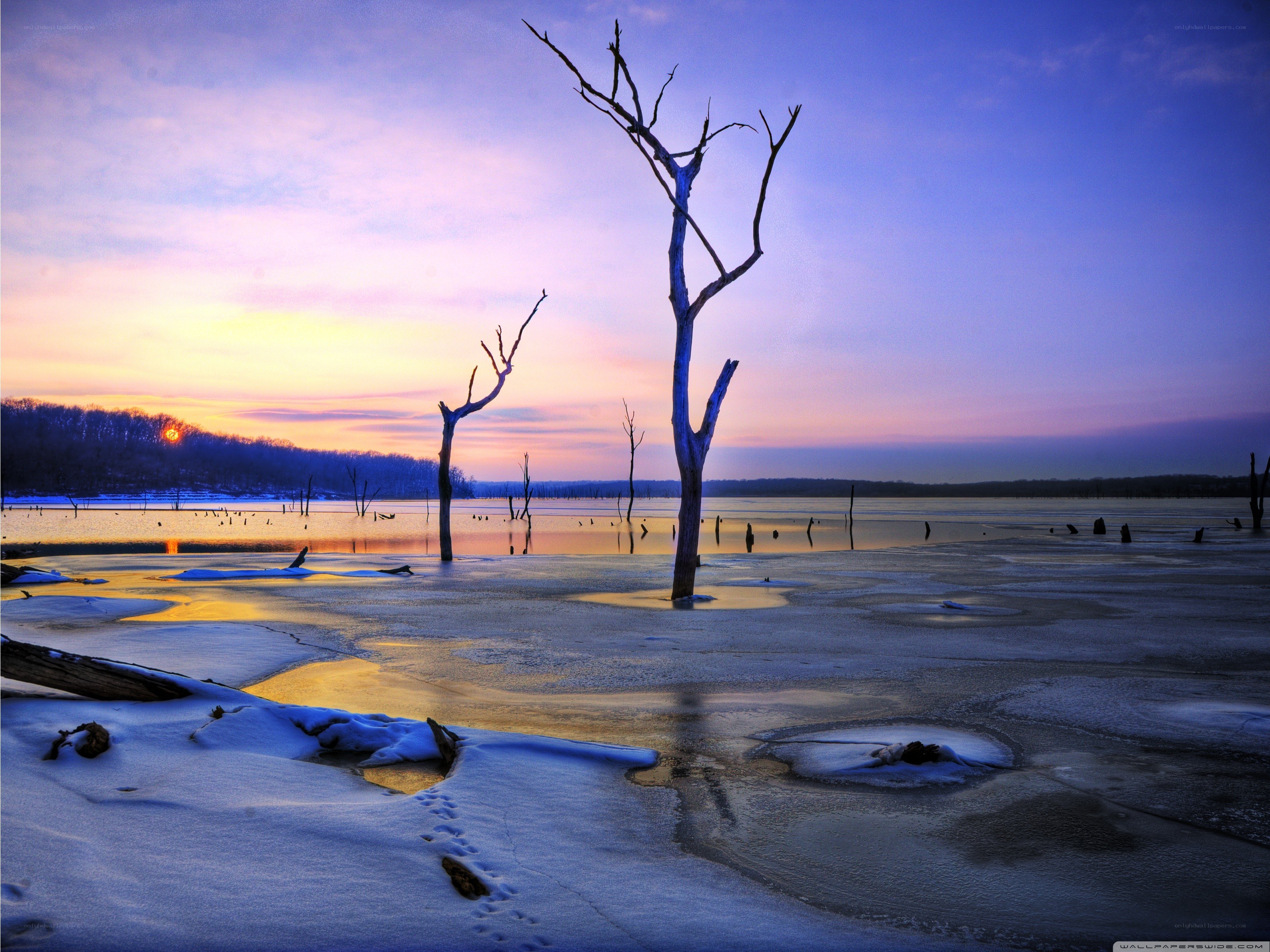 Frozen lake at sunset