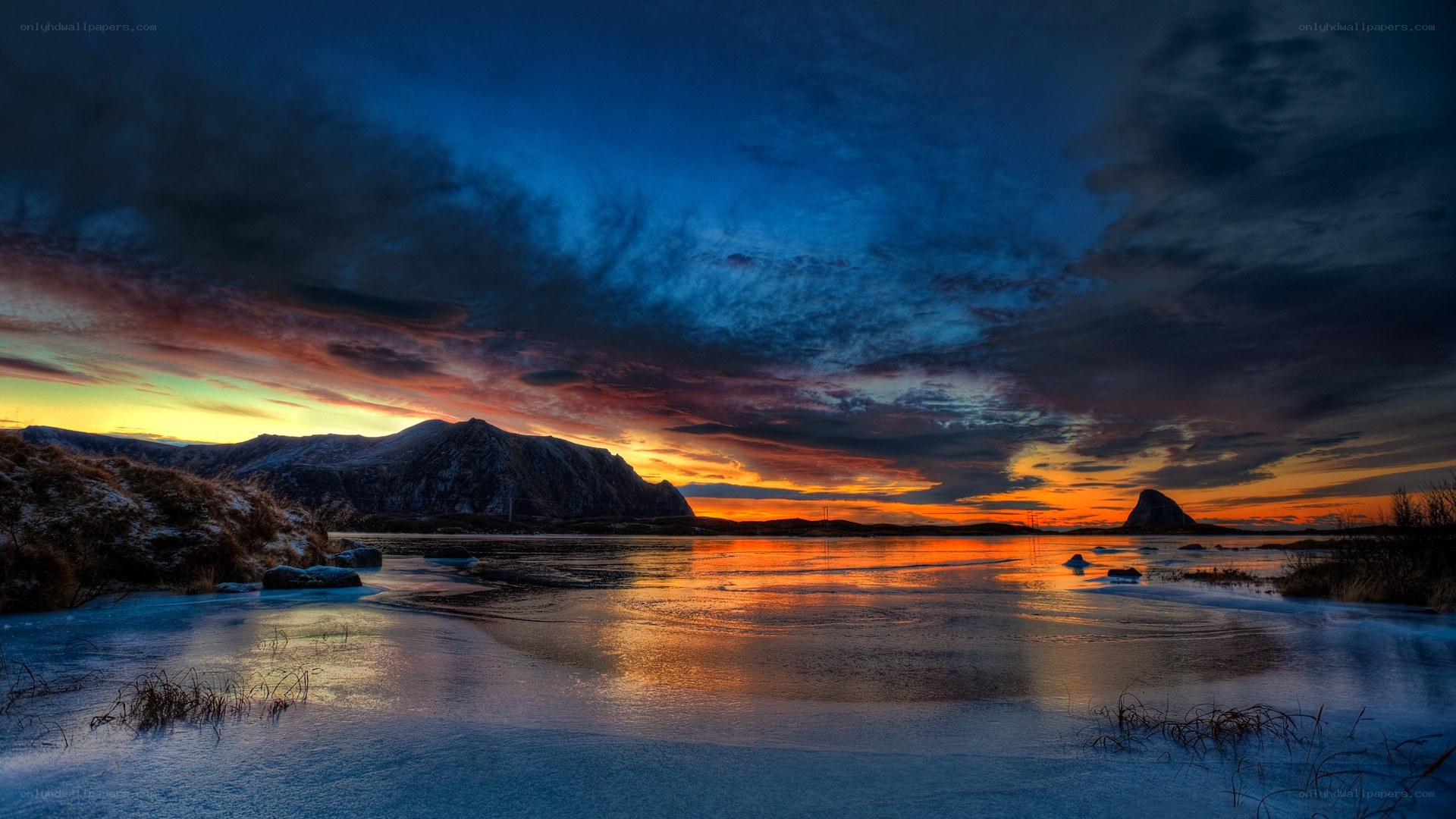 Frozen lake at sunset