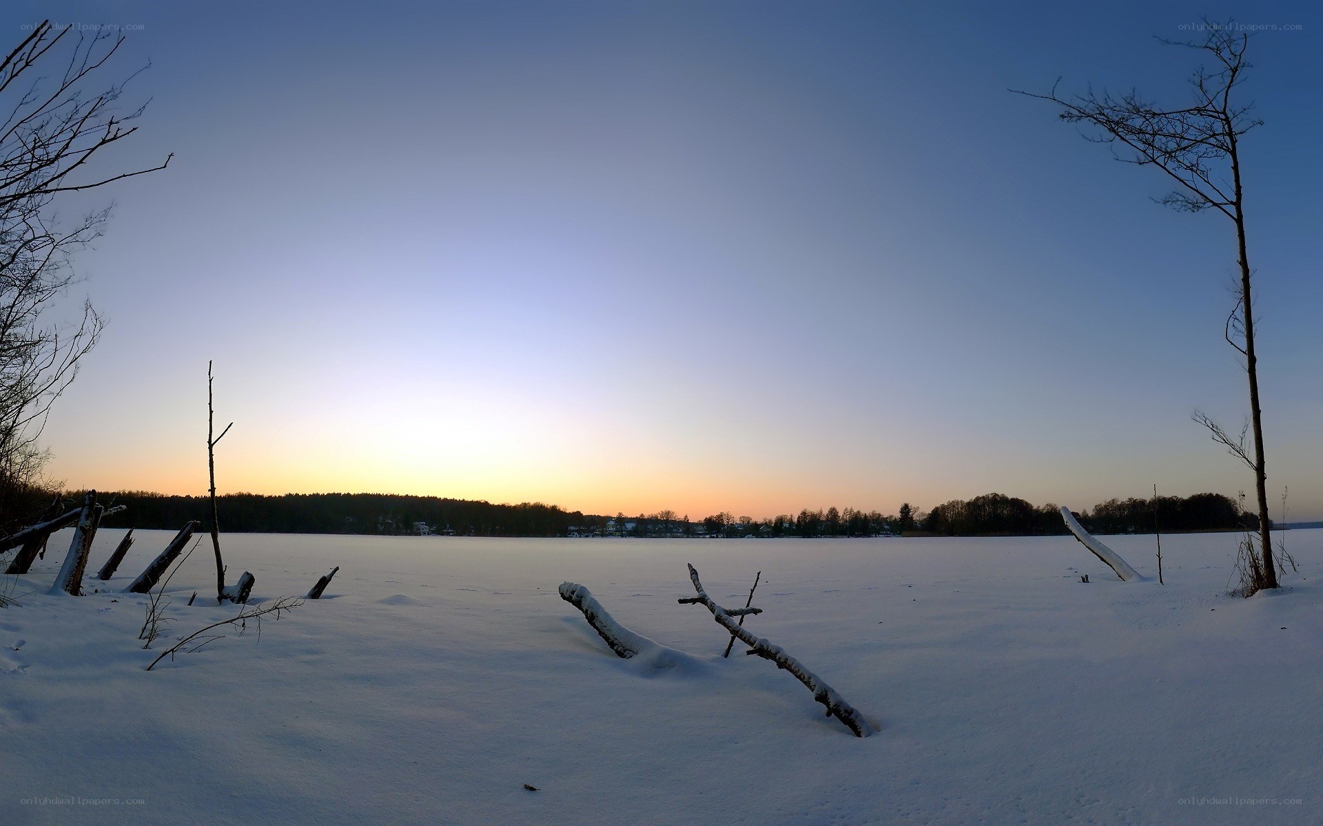 Frozen lake at sunset