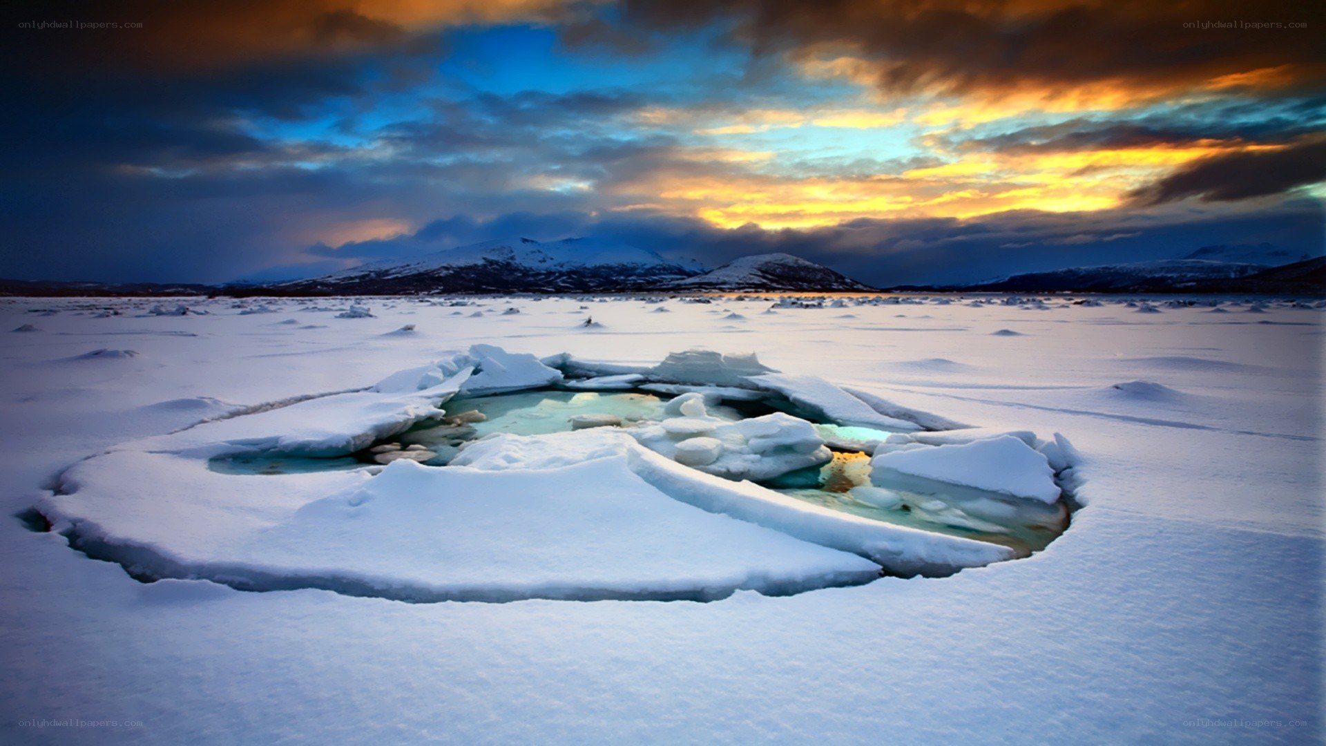 Frozen lake at sunset