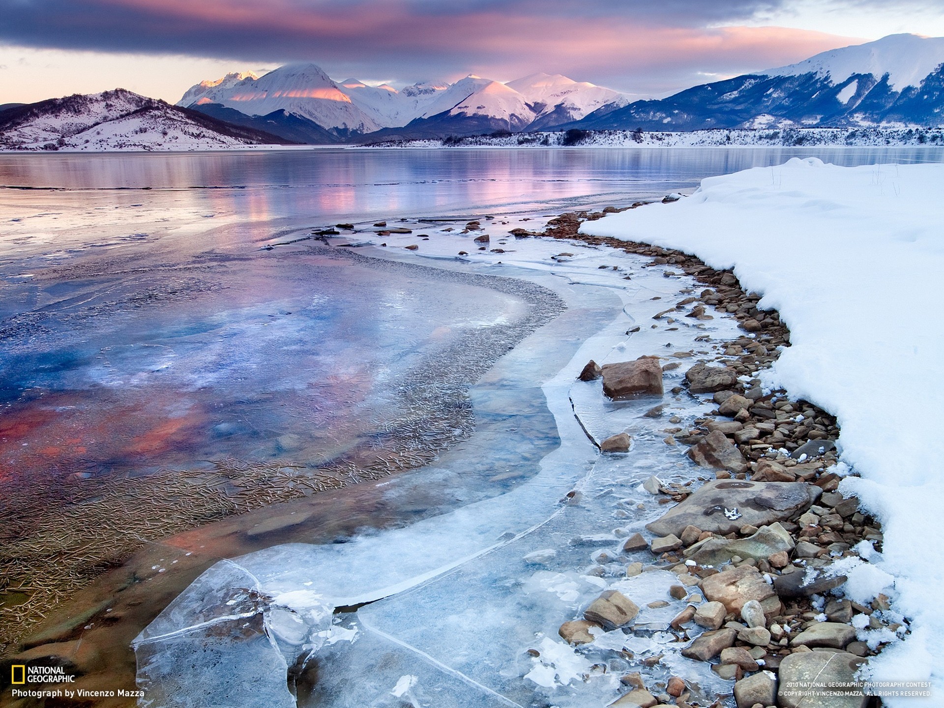 Frozen lake at sunset